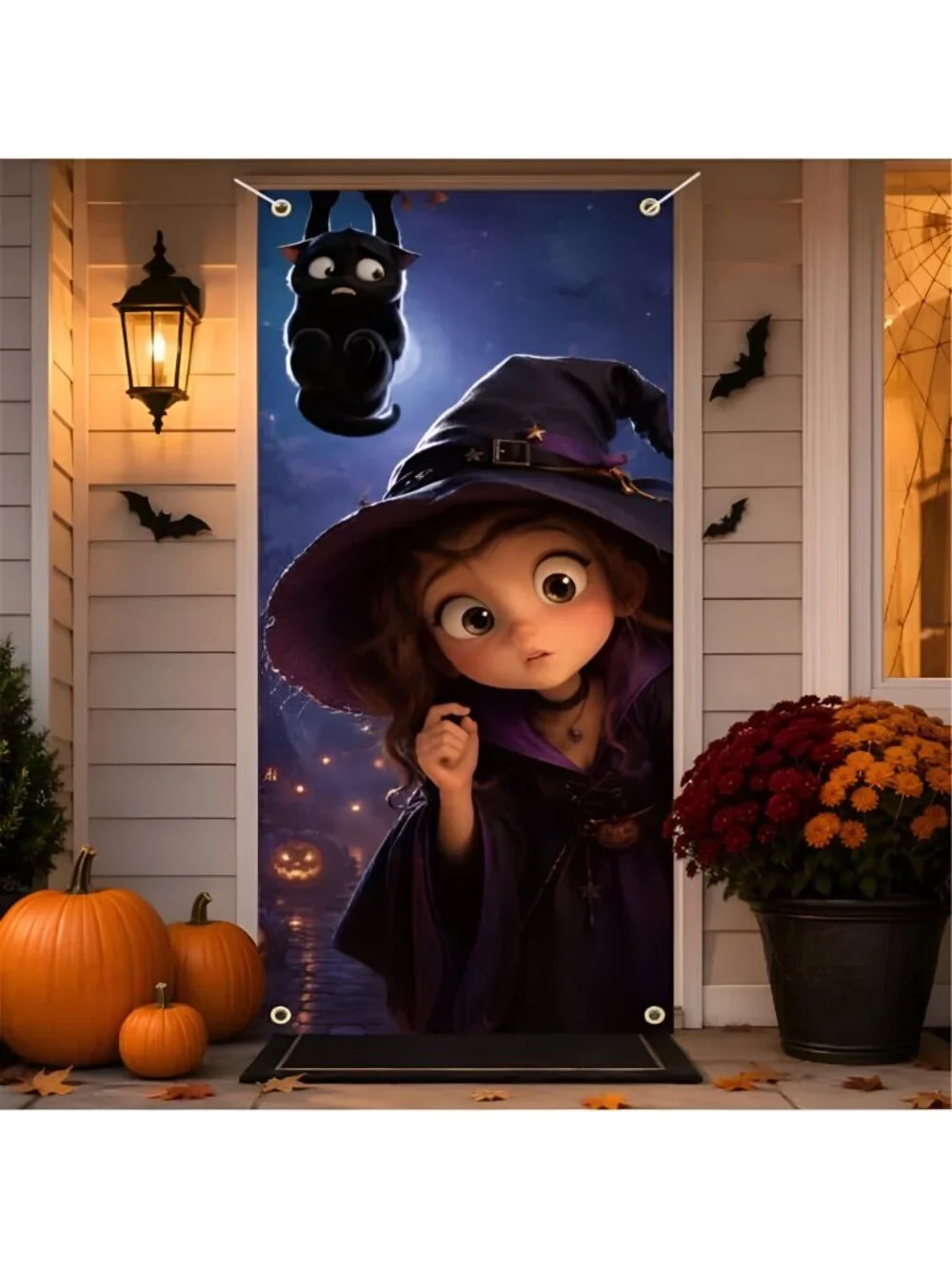 Halloween Door Cover 30 x 72 Inch Cute Witch and Black Cat Door Banner